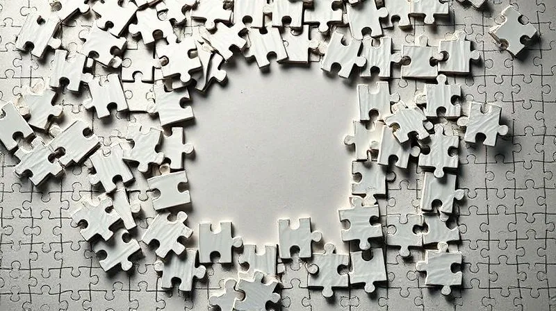 A photorealistic, professional photography image of a complex jigsaw puzzle being pulled apart, with several pieces scattered and a void in the middle. The remaining pieces are distinct but no longer form a complete picture. Cinematic lighting emphasizes the separation, sharp focus on the puzzle pieces, depth of field blurring the background. Shot on a high-end DSLR, 8K hyper-detailed.