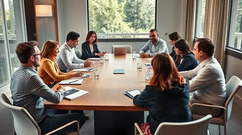 A photorealistic, professional photography image of a diverse group of board members around a large, modern conference table. They are engaged in an animated but respectful discussion, with some taking notes and others actively listening. The atmosphere is collaborative and forward-looking, with natural light streaming in. Cinematic lighting, sharp focus on the group, depth of field blurring the background subtly. Shot on a high-end DSLR, 8K hyper-detailed.