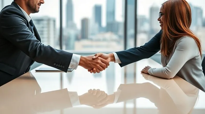 A photorealistic, professional photography shot of two diverse business individuals shaking hands across a polished conference table, with a neutral mediator observing. The background subtly blurs into international city landmarks seen through a window, emphasizing global cooperation. 8K, cinematic lighting, sharp focus, depth of field.