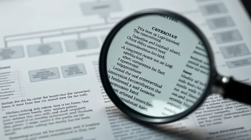 A photorealistic image of a magnifying glass hovering over detailed legal text, with a blurred background of a complex organizational chart, cinematic lighting, sharp focus on the magnified text, depth of field, 8K hyper-detailed.