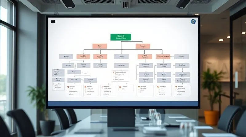 A photorealistic image of a detailed and complex organizational chart displayed on a large digital screen in a modern office, with key managerial roles highlighted, sharp focus on the chart, depth of field, 8K hyper-detailed.