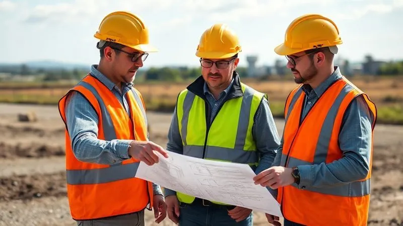 photorealistic, professional photography, 8K, cinematic lighting, sharp focus, depth of field, shot on a high-end DSLR, two environmental professionals in hard hats and safety vests discussing a remediation plan blueprint with an agency representative, pointing at technical diagrams, a remediated landscape visible in the background, conveying collaborative problem-solving.