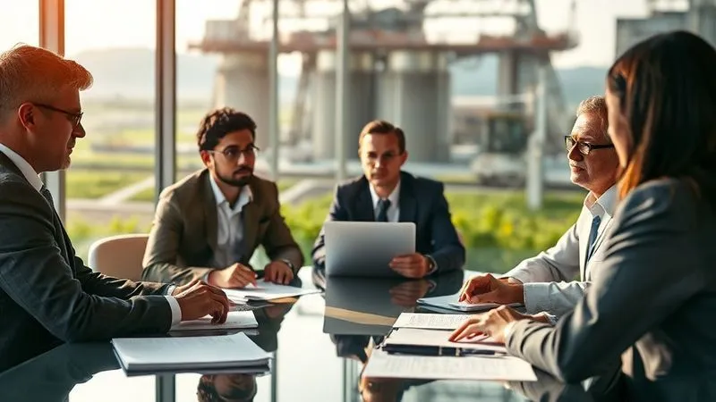 photorealistic, professional photography, 8K, cinematic lighting, sharp focus, depth of field, shot on a high-end DSLR, a diverse group of professionals (environmental lawyer, engineer, agency representative) around a conference table, engaged in serious but constructive negotiation, with documents and laptops, a subtle background hint of industrial land transitioning to green space, conveying complex problem-solving.