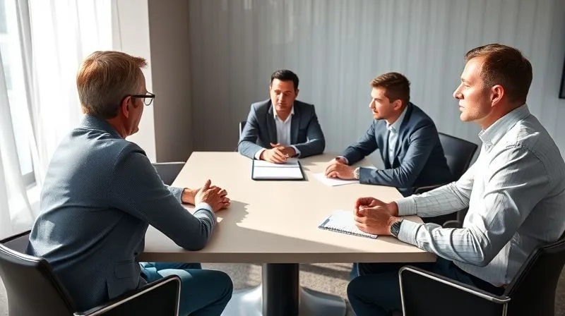 A photorealistic, professional photography, 8K, cinematic lighting, sharp focus, depth of field, shot on a high-end DSLR. Three adults are seated around a modern conference table, engaged in a serious but calm discussion. A professional mediator, identifiable by a notepad and attentive posture, sits at the head of the table, facilitating the conversation. The atmosphere is one of focused negotiation and the pursuit of common ground. Natural light streams in, highlighting the professional setting.
