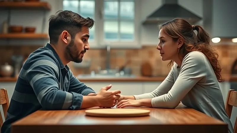 A photorealistic, professional photography, 8K, cinematic lighting, sharp focus, depth of field, shot on a high-end DSLR. Two siblings, an adult brother and sister, are sitting across from each other at a kitchen table, leaning forward slightly. They are making eye contact, with expressions of deep listening and empathy, a subtle shift from tension to understanding visible on their faces. The background is softly blurred, focusing on their interaction.
