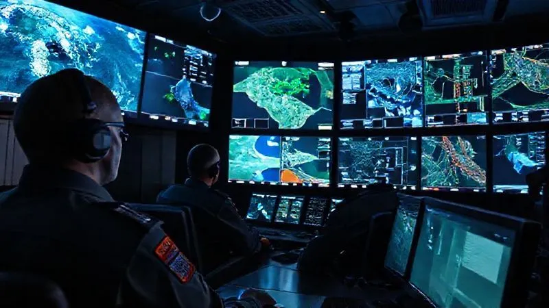 A photorealistic, professional photography, 8K, cinematic lighting, sharp focus, depth of field, shot on a high-end DSLR. A high-tech maritime operations center with multiple large screens displaying real-time satellite imagery, vessel tracking data, and radar feeds. Operators in uniform are intently monitoring the data, with a sense of focused vigilance and advanced technological capability. The room is dimly lit, with the screen glow illuminating the faces, conveying cutting-edge surveillance.