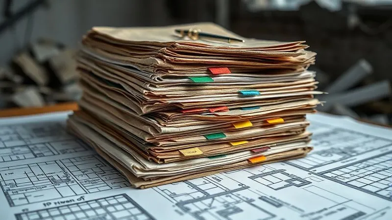 A photorealistic, professional photography, 8K, cinematic lighting, sharp focus, depth of field, shot on a high-end DSLR, showing a stack of old, worn legal documents with various colored tabs, representing different liens, on top of a blueprint of a crumbling building.