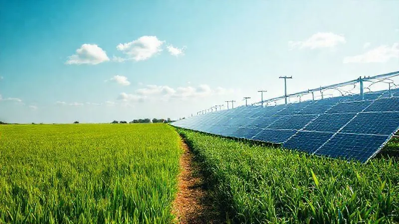 A photorealistic, professional photography, 8K, cinematic lighting, sharp focus, depth of field, shot on a high-end DSLR, showing a vibrant green agricultural field on one side, subtly blending into a modern utility-scale solar farm on the other. The sky is bright with a few clouds, symbolizing a balance between traditional land use and renewable energy. The image should evoke a sense of thoughtful coexistence rather than sharp conflict.