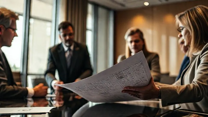 A photorealistic, professional photography, 8K, cinematic lighting, sharp focus, depth of field, shot on a high-end DSLR, showing a detailed legal document or blueprint being examined by a diverse group of professionals (lawyers, engineers, community planners) in a modern, well-lit conference room. The atmosphere is serious and focused, emphasizing the complexity of legal and regulatory review for large-scale projects.