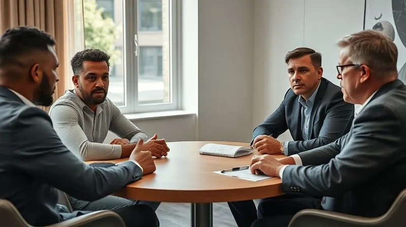 A photorealistic, professional photography, 8K, cinematic lighting, sharp focus, depth of field, shot on a high-end DSLR image of a diverse group of individuals (a player, their agent, a team executive, and a neutral mediator) seated around a round table, engaged in serious but constructive dialogue. The mediator is gesturing gently, promoting discussion, with a sense of hopeful resolution in the air. Natural light streams through a window.