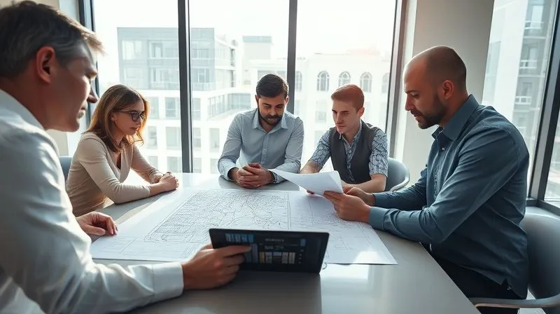 A photorealistic, professional photography, 8K, cinematic lighting, sharp focus, depth of field shot of a diverse team of professionals (real estate attorney, surveyor, developer) gathered around a large table, intently reviewing blueprints, legal documents, and digital maps on a tablet. Sunlight streams through a large window, highlighting the detailed work. Emotionally resonant: a sense of collaboration, thoroughness, and strategic planning.