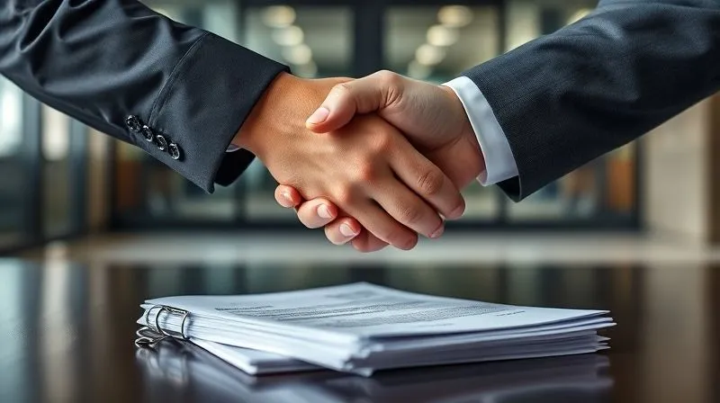 A photorealistic, professional photography, 8K, cinematic lighting, sharp focus, depth of field shot of two hands, one in a business suit and the other a lawyer's, shaking firmly over a stack of signed legal documents, with a blurred background of a modern courthouse or law office. Emotionally resonant: a sense of agreement, resolution, and successful legal outcome.