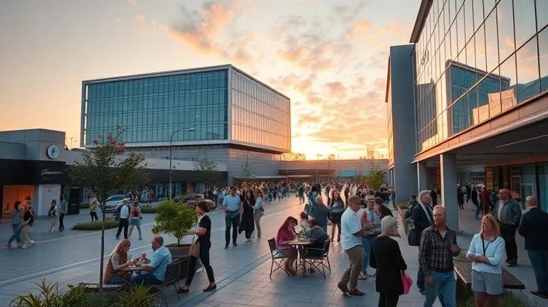 A photorealistic, professional photography, 8K, cinematic lighting, sharp focus, depth of field shot of a bustling, modern mixed-use commercial plaza at sunset, with diverse people enjoying outdoor spaces, and sleek office buildings in the background. The architecture is contemporary and inviting, symbolizing successful development. Emotionally resonant: a sense of achievement, community, and thriving business.
