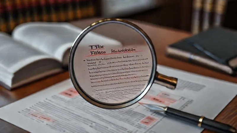 A photorealistic image of a magnifying glass hovering over a complex legal document with various highlighted sections and red annotations, symbolizing the identification of title defects. The document is on a large wooden desk, surrounded by legal books and a quill pen. Cinematic lighting, sharp focus on the document, depth of field. 8K hyper-detailed, professional photography, shot on a high-end DSLR.
