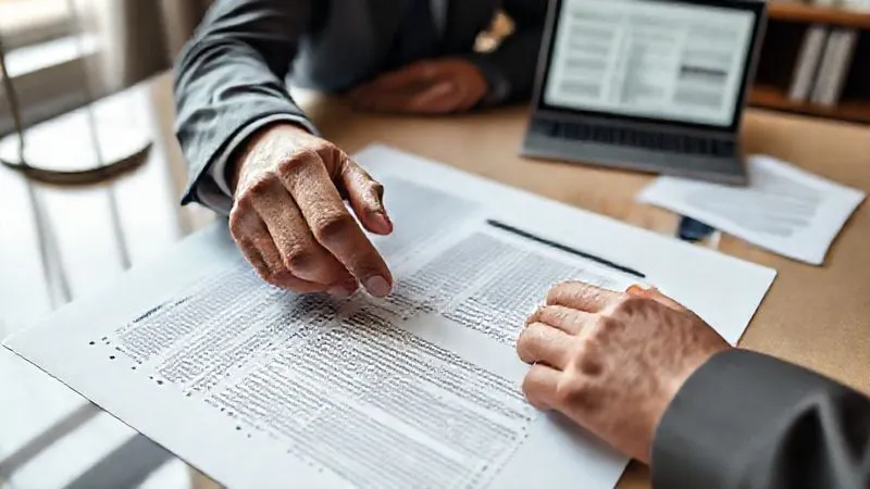 A photorealistic image of a legal professional, possibly an attorney, intently reviewing complex commercial real estate documents on a large desk. Their hand is pointing to a specific clause, and a laptop with a title search report is visible in the background. The office is sophisticated and well-lit. Cinematic lighting, sharp focus on the documents and hands, depth of field. 8K hyper-detailed, professional photography, shot on a high-end DSLR.