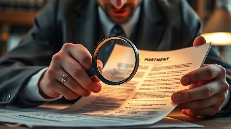 A photorealistic image of a person meticulously examining a formal document, with magnifying glass and highlighted sections, legal books blurred in the background, cinematic lighting, sharp focus, depth of field, 8K, shot on a high-end DSLR.