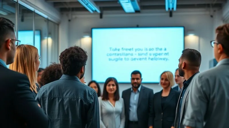 A photorealistic image of a diverse group of employees in a modern office looking at a digital screen displaying a corporate statement, conveying a sense of shared concern and determination. The lighting is soft but clear, emphasizing transparency and unity. 8K, cinematic lighting, sharp focus on the group, depth of field, shot on a high-end DSLR.