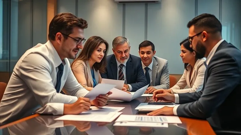 A photorealistic, professional photography, 8K, cinematic lighting, sharp focus, depth of field, shot on a high-end DSLR. A diverse team of legal and corporate professionals intensely collaborating around a conference table, reviewing documents and digital screens, conveying focused urgency and strategic planning.