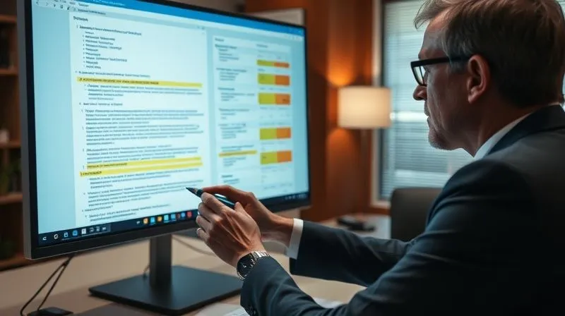 A photorealistic, professional photography, 8K, cinematic lighting, sharp focus, depth of field, shot on a high-end DSLR. A legal professional meticulously reviewing digital documents on a large screen, with various colored highlights and annotations, emphasizing careful analysis and privilege identification in a secure, modern office setting.