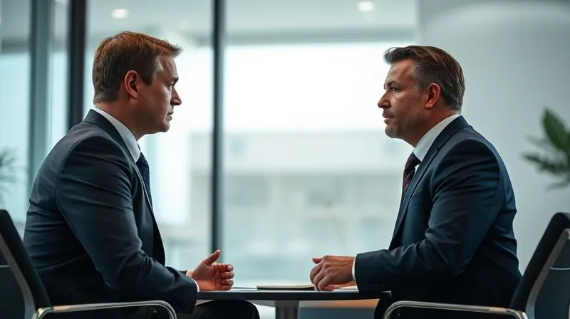 A photorealistic, professional photography, 8K, cinematic lighting, sharp focus, depth of field, shot on a high-end DSLR. Two individuals in business suits, representing legal counsel, engaged in a serious but professional discussion with an unseen third party (implied DOJ representative), in a modern, subtly formal meeting room, conveying negotiation and advocacy.