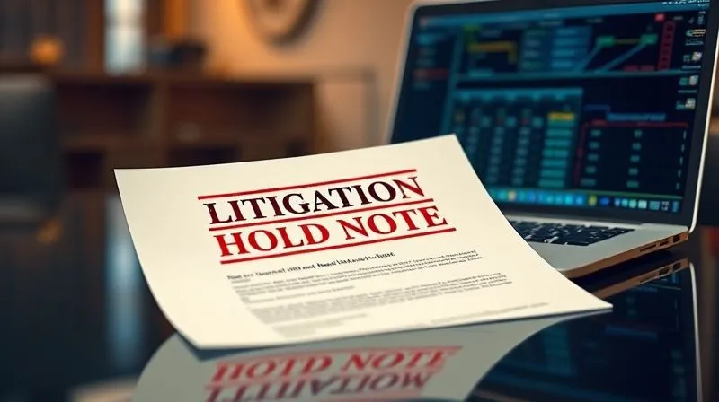 A photorealistic image of a legal document titled 'Litigation Hold Notice' with a serious, urgent red stamp, resting on a polished desk next to a modern laptop displaying a complex data server architecture, cinematic lighting, sharp focus on the document, depth of field blurring the background, 8K hyper-detailed, professional photography, shot on a high-end DSLR.