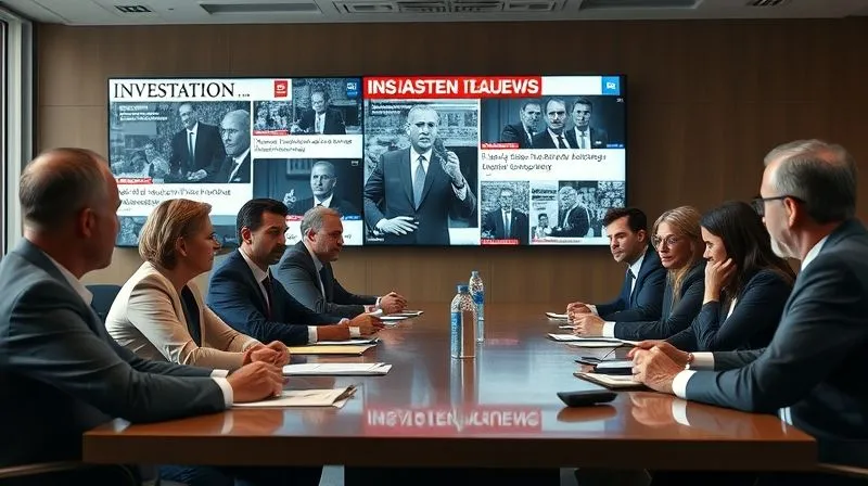 A photorealistic, professional photography, 8K, cinematic lighting, sharp focus, depth of field, shot on a high-end DSLR, of a diverse group of corporate executives and their legal counsel gathered around a large conference table, looking serious and engaged in a strategic discussion. A subtle, digital overlay of news headlines about 'Investigation' or 'Subpoena' is visible on a large screen in the background, conveying the pressure of public scrutiny while the team works on internal strategy. The atmosphere is tense but focused, emphasizing collaboration under duress.