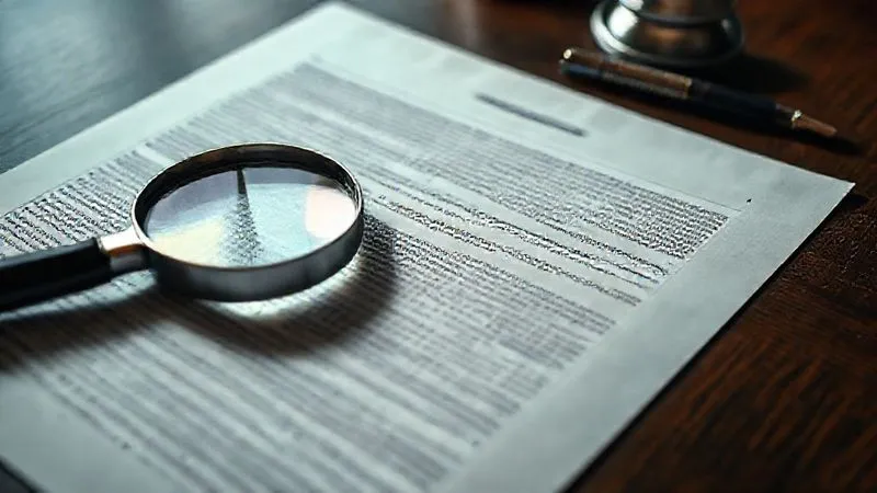 A photorealistic close-up of a complex legal document with highlighted sections and annotations, resting on a dark wooden table. A magnifying glass rests beside it, emphasizing detailed review. Cinematic lighting, sharp focus on the text, depth of field. 8K hyper-detailed, shot on a high-end DSLR.