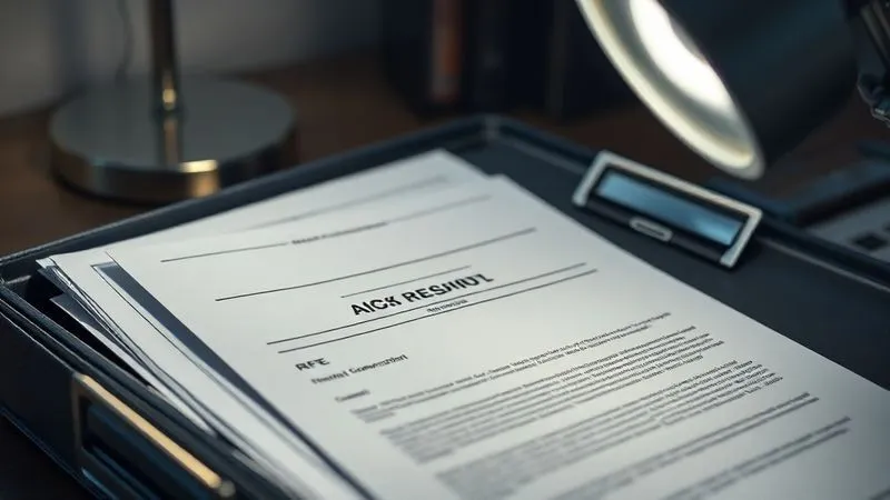 A close-up, photorealistic shot of an open legal file folder with various court documents and a USCIS RFE letter, illuminated by a desk lamp, emphasizing detail and careful review. Professional photography, 8K, cinematic lighting, sharp focus, depth of field.