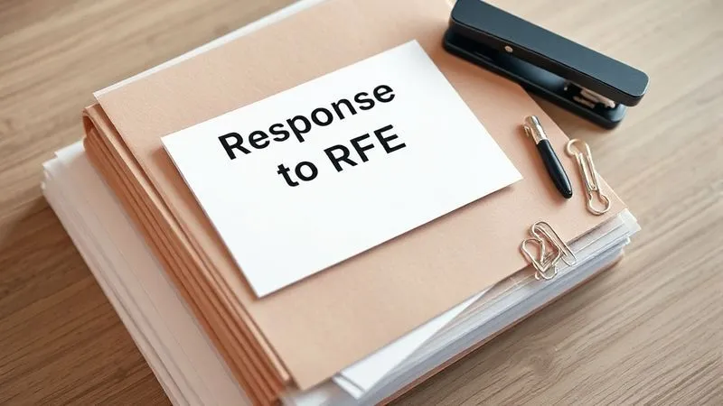 A photorealistic, top-down view of a neatly organized stack of legal documents, with a "Response to RFE" label clearly visible on the top folder, surrounded by a few essential legal tools like a stapler and paperclips. Soft, professional lighting, 8K, cinematic detail, sharp focus, depth of field.
