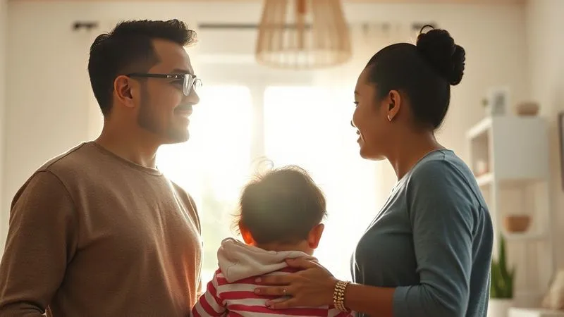 A photorealistic image of a diverse family (parents and a child) looking hopefully towards a bright future, standing in a sunlit, modern home. The scene conveys security and peace of mind after navigating a difficult legal process. Professional photography, 8K, cinematic lighting, sharp focus, depth of field.