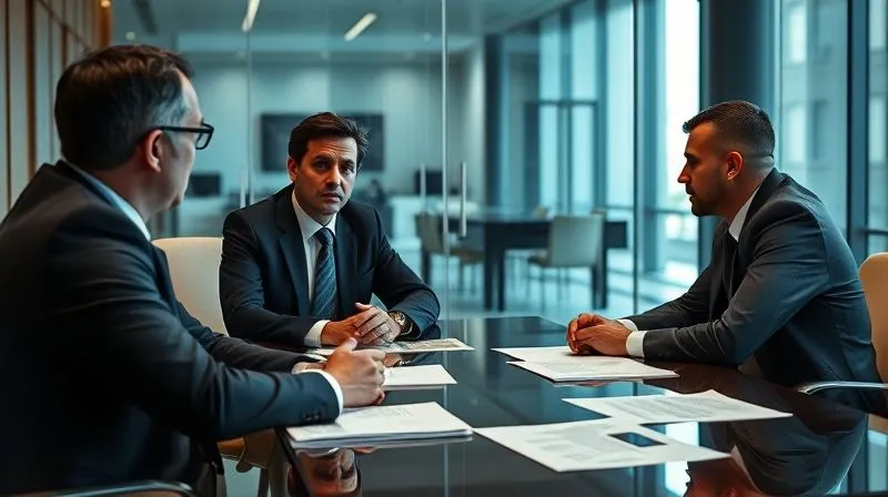 photorealistic, professional photography, 8K, cinematic lighting, sharp focus, depth of field, shot on a high-end DSLR, a tense meeting in a modern, glass-walled conference room, a suited lawyer speaking calmly to a distressed CEO and CFO, legal documents spread on the table, reflecting the gravity of the situation, muted professional colors, a sense of quiet urgency