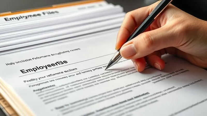 A photorealistic close-up of a meticulously organized employee file, with documents neatly categorized and tabbed, including performance reviews, disciplinary actions, and policy acknowledgments. A hand with a pen is poised over a document, emphasizing the act of diligent record-keeping. Cinematic lighting, sharp focus on the file, depth of field blurring a professional office background, 8K hyper-detailed, shot on a high-end DSLR.