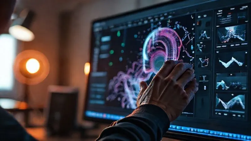A photorealistic, professional photography, 8K, cinematic lighting, sharp focus, depth of field, shot on a high-end DSLR, showing a digital artist's hands meticulously editing a complex AI-generated image on a large screen, with multiple layers visible in the editing software, evoking focus and creative control.