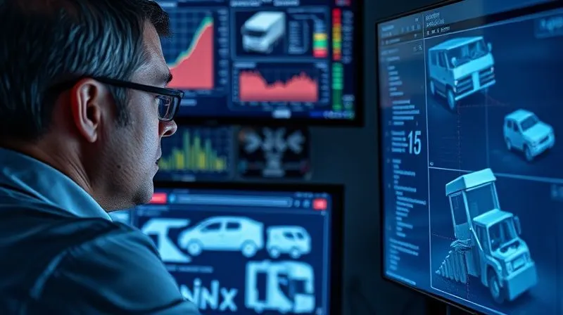 Photorealistic, professional photography, 8K, cinematic lighting, sharp focus, depth of field, shot on a high-end DSLR. A forensic engineer or accident reconstructionist intently examining multiple screens displaying complex graphs, data tables, and a 3D animation of a truck crash reconstruction. The screens show correlations between speed, braking, and impact forces, with a focused, analytical expression on the expert's face.