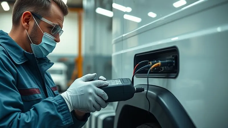 A photorealistic, professional photography, 8K image of a forensic engineer, wearing safety glasses, meticulously connecting diagnostic equipment to the ECM port of a commercial truck in a professional garage setting. Cinematic lighting emphasizes the intricate details of the connection, sharp focus on the hands and equipment, depth of field blurring the truck's engine in the background. Shot on a high-end DSLR.