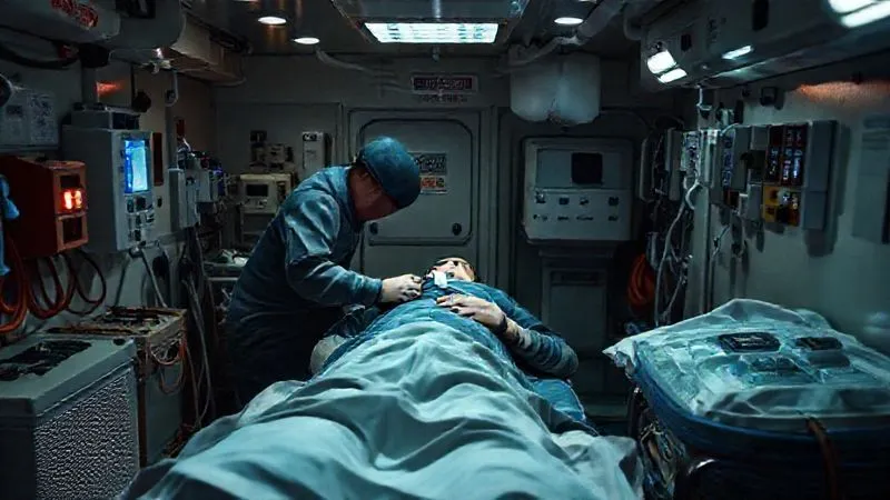 A photorealistic, professional photography, 8K, cinematic lighting, sharp focus, depth of field, shot on a high-end DSLR, depicting a tense scene in a ship's infirmary with a crew member attending to an injured seafarer, medical equipment visible, conveying urgency and care.