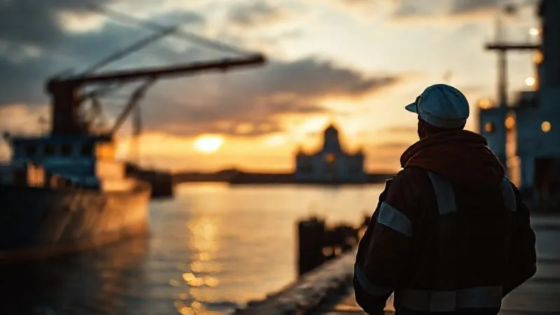 A photorealistic, professional photography, 8K, cinematic lighting, sharp focus, depth of field, shot on a high-end DSLR, depicting a silhouette of a seafarer standing at a port, looking towards legal scales or a courthouse in the distance, emphasizing legal rights and justice.