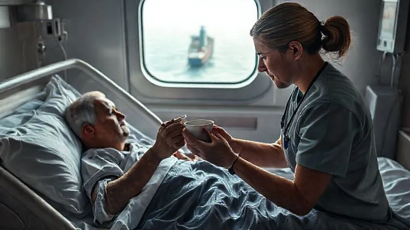 A photorealistic, professional photography, 8K, cinematic lighting, sharp focus, depth of field, shot on a high-end DSLR, depicting a caring welfare worker offering a cup of tea to a recovering seafarer in a hospital bed, a window showing a distant ship, conveying empathy and support.