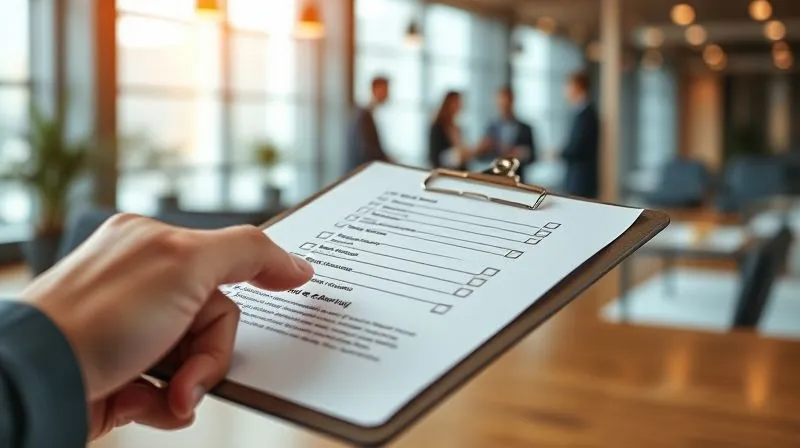 A photorealistic image of a detailed financial checklist on a clipboard, with a hand ticking off items. In the background, blurred figures are discussing documents in a modern office, suggesting strategic planning. Professional photography, 8K, cinematic lighting, sharp focus on the checklist, depth of field, shot on a high-end DSLR.