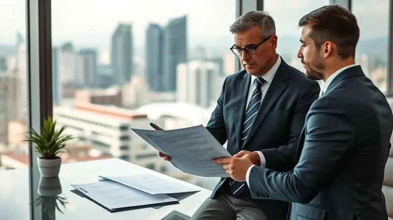 A photorealistic image of a seasoned bankruptcy attorney, dressed in a sharp suit, confidently explaining complex legal documents to a small business owner. The setting is a modern, professional law office with a large window overlooking a city skyline. Professional photography, 8K, cinematic lighting, sharp focus on the individuals and documents, depth of field, shot on a high-end DSLR.