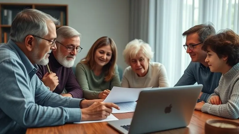 A photorealistic image of a diverse family, including an elderly couple and their adult children, gathered around a table with legal documents and a laptop, engaged in a serious but hopeful discussion about future planning. Professional photography, 8K, cinematic lighting, sharp focus on the family, depth of field, shot on a high-end DSLR.
