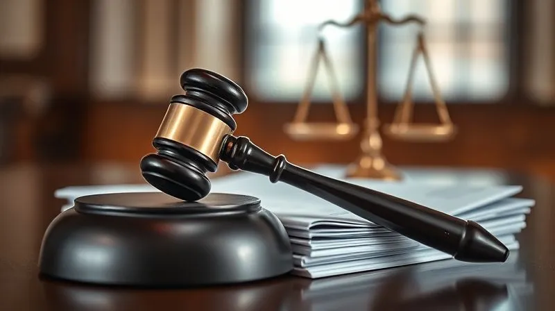 photorealistic, professional photography, 8K, cinematic lighting, sharp focus, depth of field, shot on a high-end DSLR, a judge's gavel resting on a stack of legal documents, with the blurred scales of justice in the background, symbolizing legal action and the pursuit of justice in a courtroom setting.