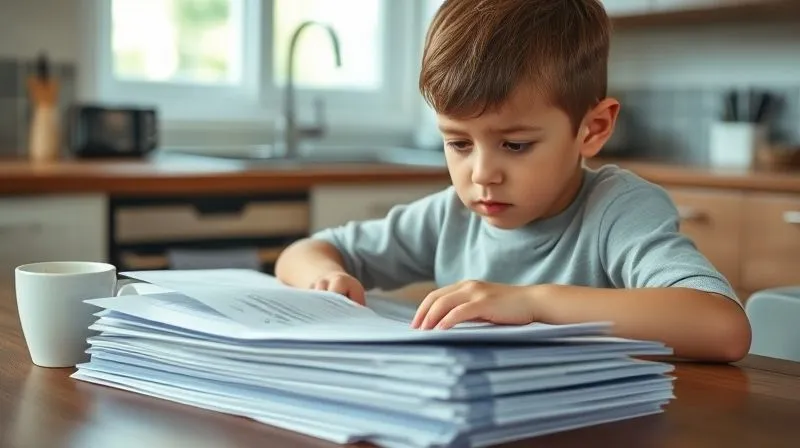 Photorealistic, professional photography, 8K, cinematic lighting, sharp focus, depth of field, shot on a high-end DSLR. A concerned adult child, with a furrowed brow, carefully scrutinizing a stack of bank statements and financial documents on a well-lit kitchen table, a half-empty coffee cup beside them. The background is softly blurred, indicating focus on the documents. No text or logos.