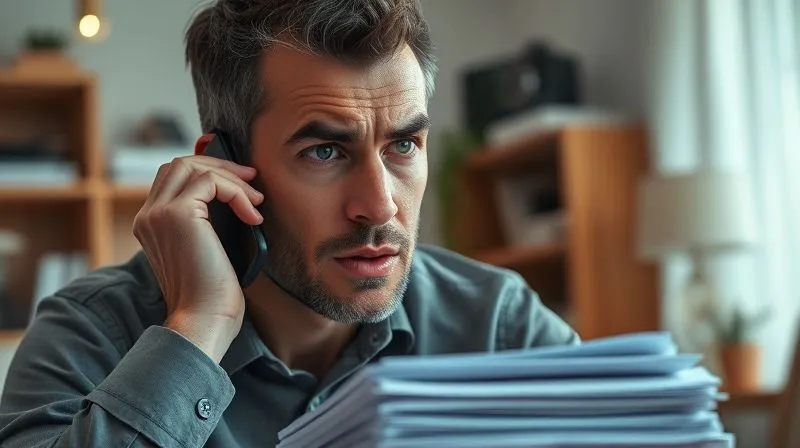 Photorealistic, professional photography, 8K, cinematic lighting, sharp focus, depth of field, shot on a high-end DSLR. A person with a serious, concerned expression, holding a smartphone to their ear, making an urgent call. Their other hand rests on a stack of documents. The setting is a home office, with soft, directional lighting. No text or logos.
