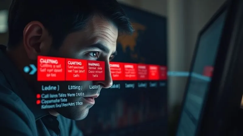 A photorealistic image of a person looking intently at a digital screen displaying a timeline with red warning signs indicating various collection attempts (calls, letters, legal documents) post-bankruptcy filing. The person's expression is concerned but determined. Cinematic lighting, sharp focus on the screen, depth of field blurring the background. 8K hyper-detailed, shot on a high-end DSLR.