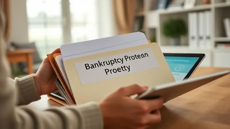 A photorealistic image of a person calmly organizing a folder labeled 'Bankruptcy Protection', with documents neatly filed and a digital tablet showing a credit monitoring app. The setting is a clean, organized home office. Cinematic lighting, sharp focus on the folder and tablet, depth of field blurring the background. 8K hyper-detailed, shot on a high-end DSLR, symbolizing proactive financial management and protection.