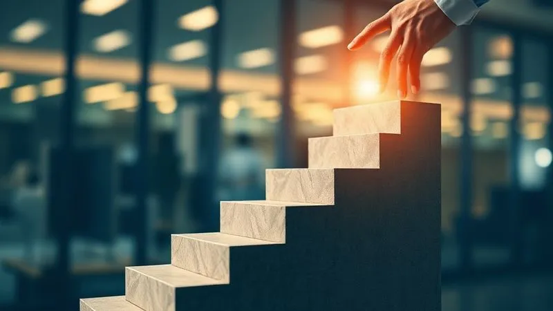 A photorealistic image of a growth chart metaphorically showing steps climbing upwards, with each step representing a year of vesting for founder equity. The chart should have a clear 'cliff' marked, with hands reaching to grasp the next level. Cinematic lighting, sharp focus on the hands and chart, depth of field blurring a corporate background, 8K hyper-detailed, professional photography, shot on a high-end DSLR.
