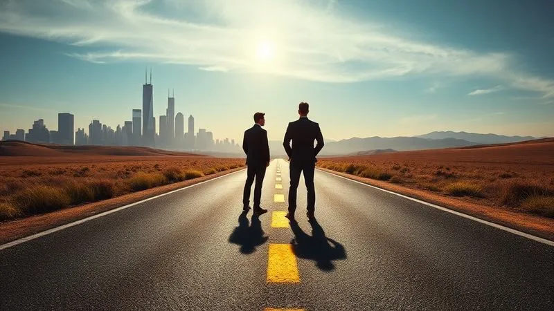 A photorealistic, professional photography, 8K, cinematic lighting, sharp focus, depth of field, shot on a high-end DSLR image depicting a fork in a road, with one path leading towards a vibrant, growing city skyline and the other towards a serene, open landscape. Silhouettes of business figures stand at the fork, symbolizing different exit strategies or career paths. The scene should evoke contemplation and strategic decision-making, with a slightly melancholic yet professional tone.