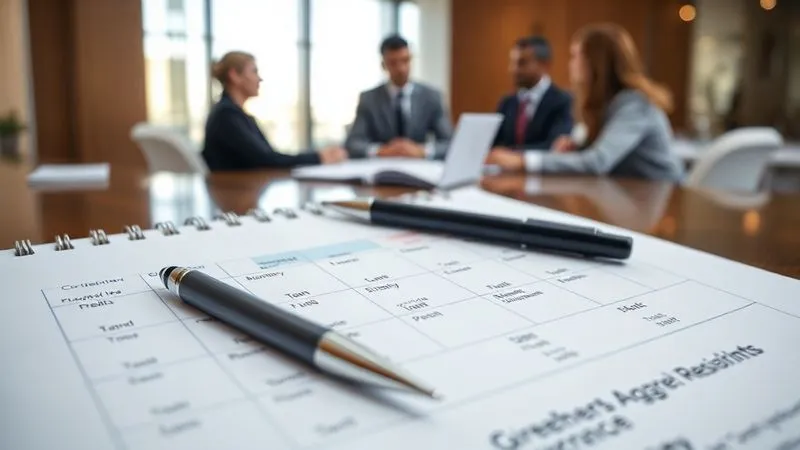 A photorealistic, professional photography, 8K, cinematic lighting, sharp focus, depth of field, shot on a high-end DSLR image of a calendar with key dates highlighted for 'Agreement Review'. A pen rests on an open legal document, with a group of diverse professionals in the blurred background engaged in a discussion, symbolizing collaboration and foresight in business planning.