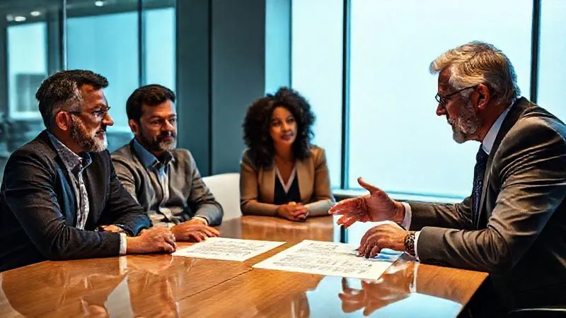 Photorealistic, professional photography, 8K, cinematic lighting, sharp focus, depth of field, shot on a high-end DSLR. A diverse group of founders (two men, two women, multi-ethnic) intently listening to a seasoned, professional corporate lawyer (wise, empathetic expression) in a modern, well-lit conference room. The lawyer is gesturing towards a detailed legal document on the table, explaining complex clauses. The founders appear relieved and enlightened, symbolizing clarity and trust provided by expert legal guidance.